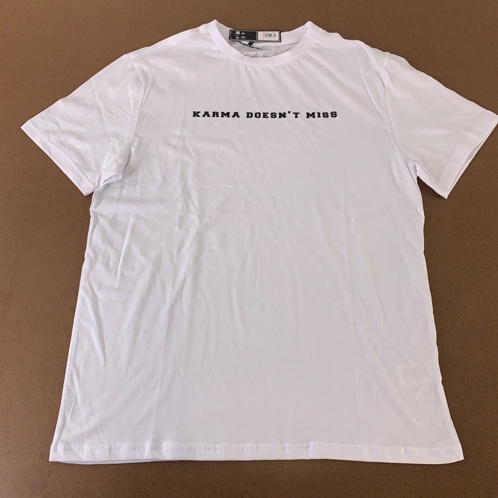 Mister Tee Men's Large White Karma Doesn't Miss Graphic Short Sleeve T-Shirt NWT